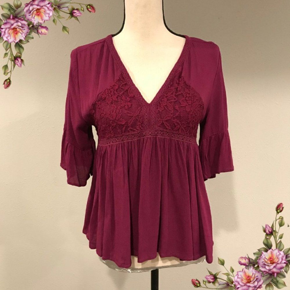 Plum color see-through lace back v-neck blouse